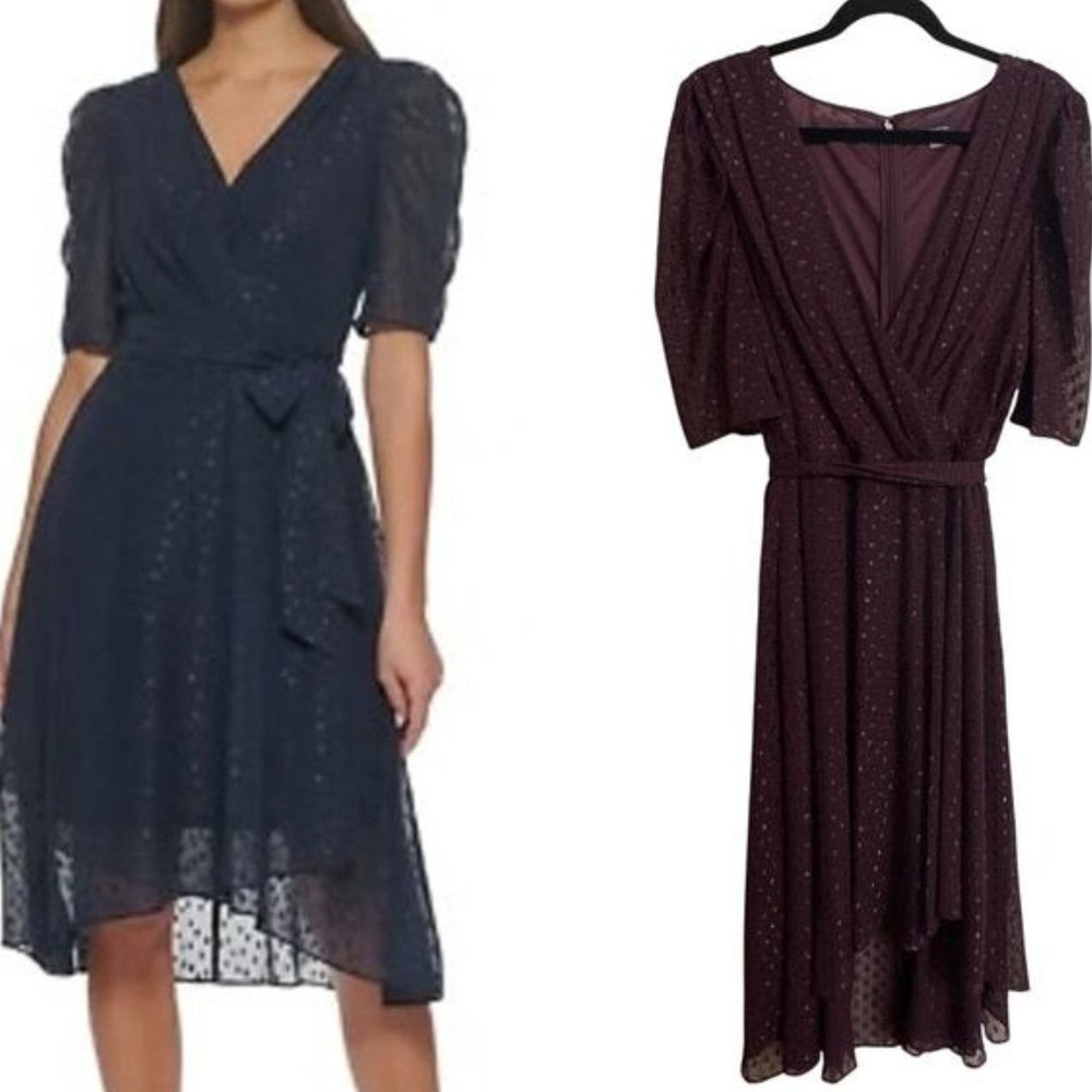 Tommy Hilfiger Plum Burgundy Faux Wrap Midi Dress Puff‎ Sleeve